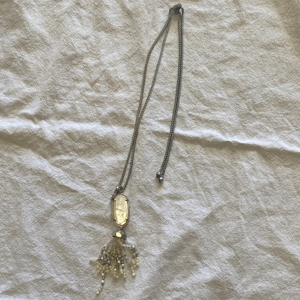 Kendra Scott Silver Tone and Mother of Pearl Stone Tassel Necklace